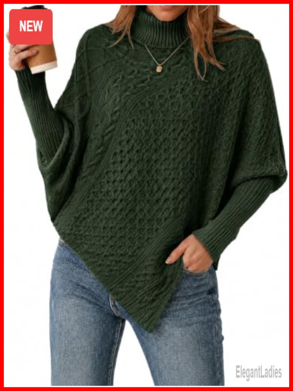 Womens Turtleneck Poncho Sweater Cable Knit Pullover Cape